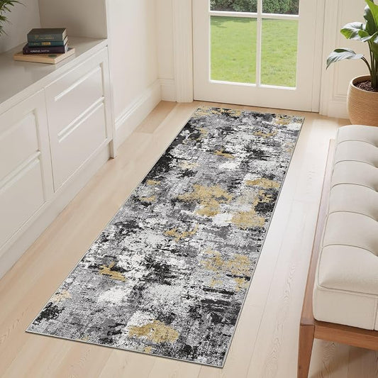 Abstract 2x6 Runner Rug: Machine Washable Non Slip Ultra Thin Low-Pile Carpet, Soft Stain Resistant for Hallway Kitchen Bathroom, Kid Pet Friendly, Robot Vacuum Compatible - Black Gold