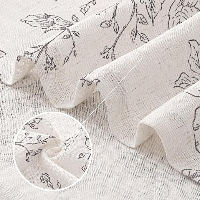 Floral Linen Curtains 80 inch length 2 panels for Dining Room Neutral Cream Black Pattern Printed Curtains Living Room Back Tab Semi Sheer Drapes Vintage Farmhouse French Country Curtain for Bedroom