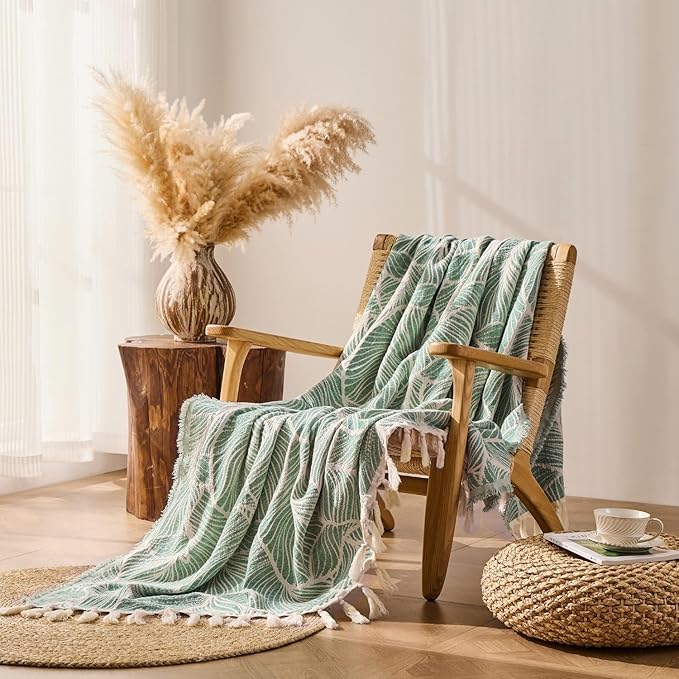 DOWN HOME Chenille Cotton Throw Blanket for Couch, Lightweight Boho Blanket for Bed Sofa Chair Living Room Outdoor Soft Woven Decorative Blanket with Tassel Gift Green Leaves 60"x80"