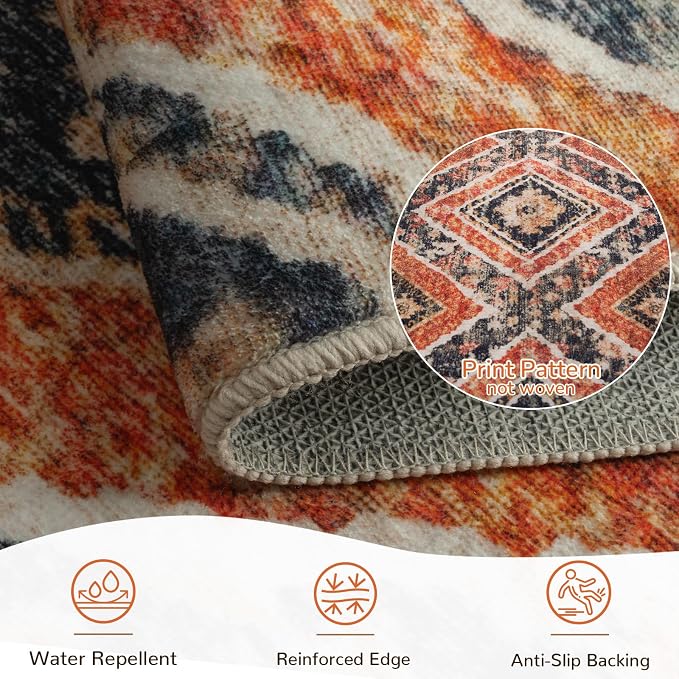 Area Rug 8x10 Rug Machine Washable Non-Slip Low Pile Print Pattern Western Rug for Living Room Bedroom Entryway Tribal Series -Orange/Brown