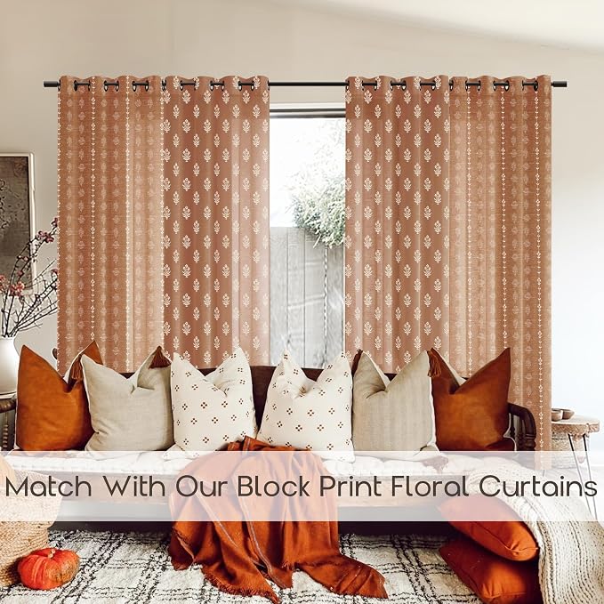 90 Inch Boho Curtains, Semi Sheer Floral Pattern Terracotta Burnt Orange Decorative Linen Vintage Drapes for Living Room Bedroom 52x90 in Long 2 Panel Set