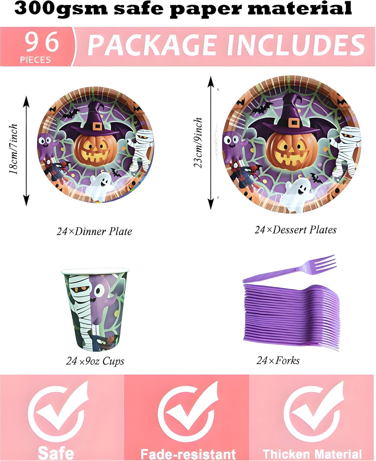 Halloween Paper Plates,Cups,Forks(96Pcs)-Disposable Party Plates Heavy Duty,Party Supplies Tableware Set|Paper Plates 9 inch & 7 inch,Spooky Decor(Flying Pumpkin,Ghost,Zombie,Bat) for Kids Halloween