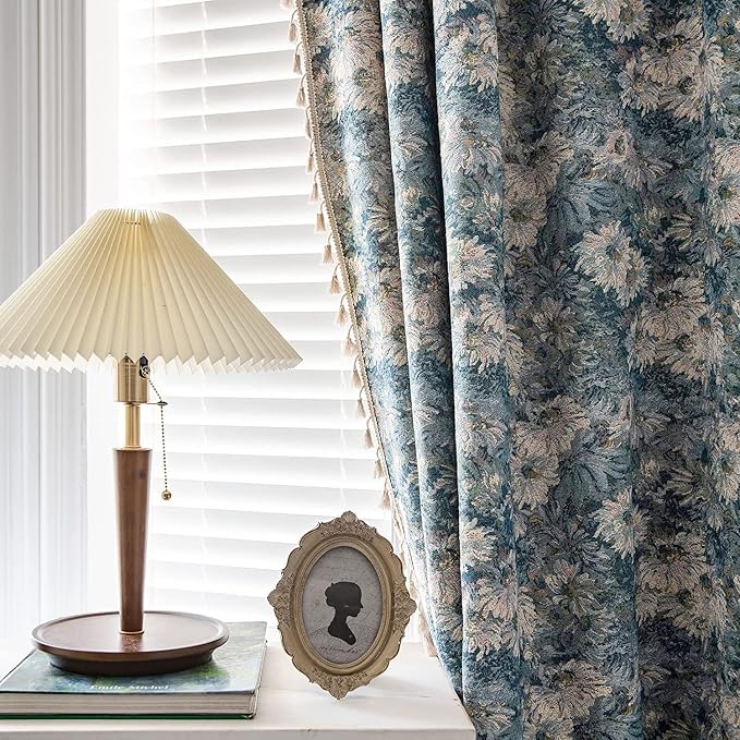 ENJOYBRIDAL Blue Floral Curtains 84 Inch Length 2 Panels Farmhouse Semi Sheer Drapes for Living Room Bohemian Rustic Rod Pocket Window Curtain Panels with Tassel Jacquard Bedroom Window Treatments