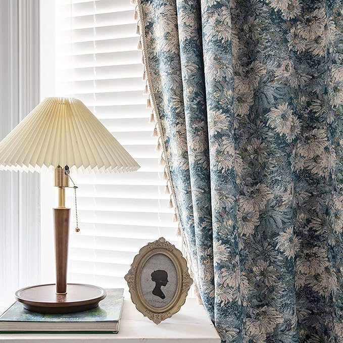 ENJOYBRIDAL Blue Floral Curtains 96 Inch Length 2 Panels Farmhouse Semi Sheer Drapes for Living Room Bohemian Rustic Rod Pocket Window Curtain Panels with Tassel Jacquard Bedroom Window Treatments