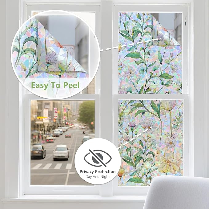 FINNEZ Window Privacy Film Stain Glass Film Flowers Rainbow Window Film Window Clings Non-Adhesive Reusable Decorative for Home（Forest Rainbow，17.5 Inch x 6.5 Feet）