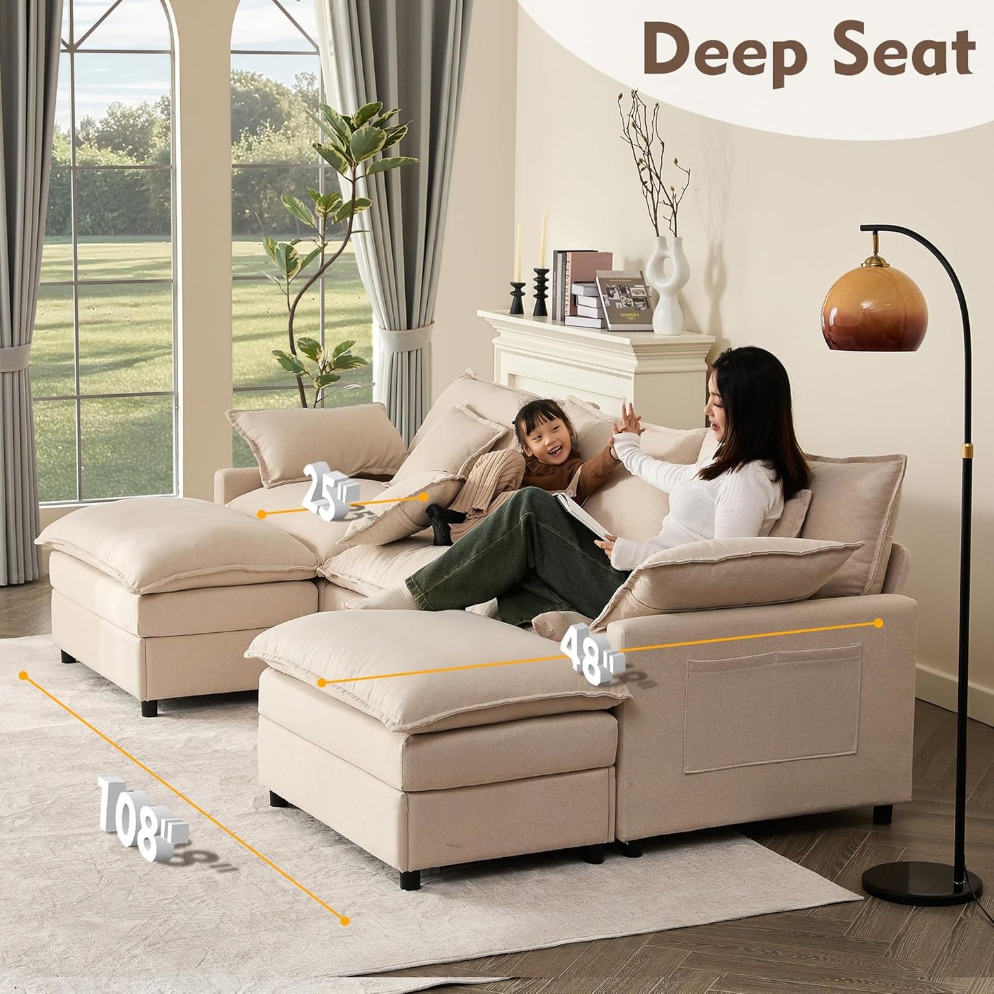 108" U Shaped Couch, Modular Sectional Sofa, 3-Seater Comfy Cloud Couch with Movable Ottoman, Deep Seat Couches for Living Room, Linen, Beige