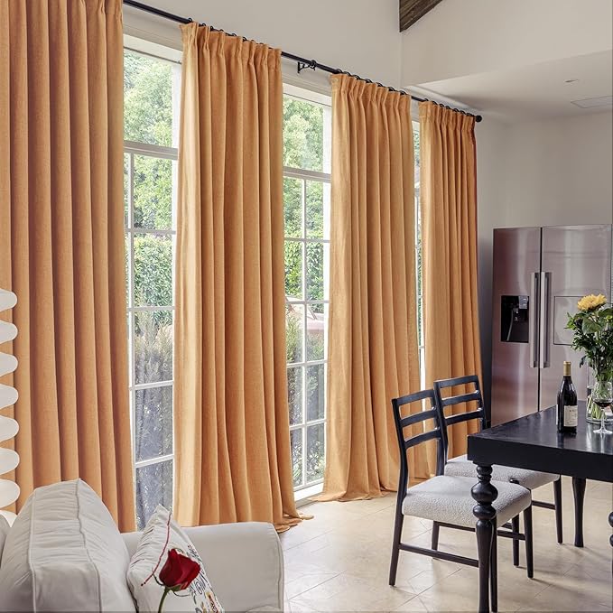 IVAPUPU Linen Pinch Pleated Full Blackout Curtains for Bedroom - 2 Pages Black Out Gold Curtains 84 Inch Long 2 Panel for Living Room Darkening Thermal Window Curtain Drapes with 16pc Hooks
