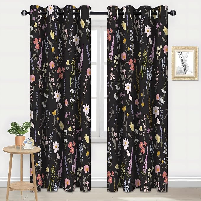 Boho Floral Blackout Curtain, Colorful Flower Leaves Nature Botanical Black Window Curtains Darkening Thermal Insulated Grommet Window Drapes for Living Room Bedroom Decor 2 Panels 52x84 Inches