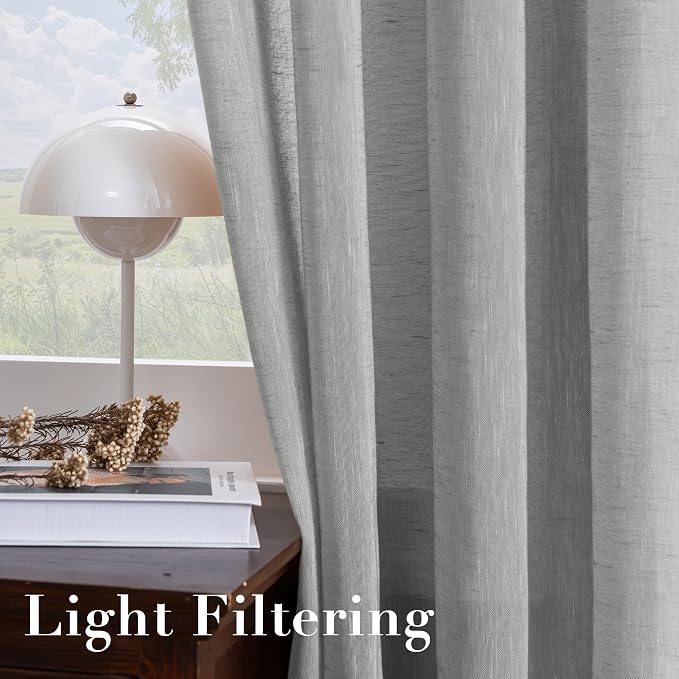 H.VERSAILTEX Linen Curtains Flax Linen Blended Curtain Panels for Living Room/Bedroom Semi Sheer Privacy Curtains 96 inch Length 2 Panels Set Nickel Grommet Window Drapes, Grey