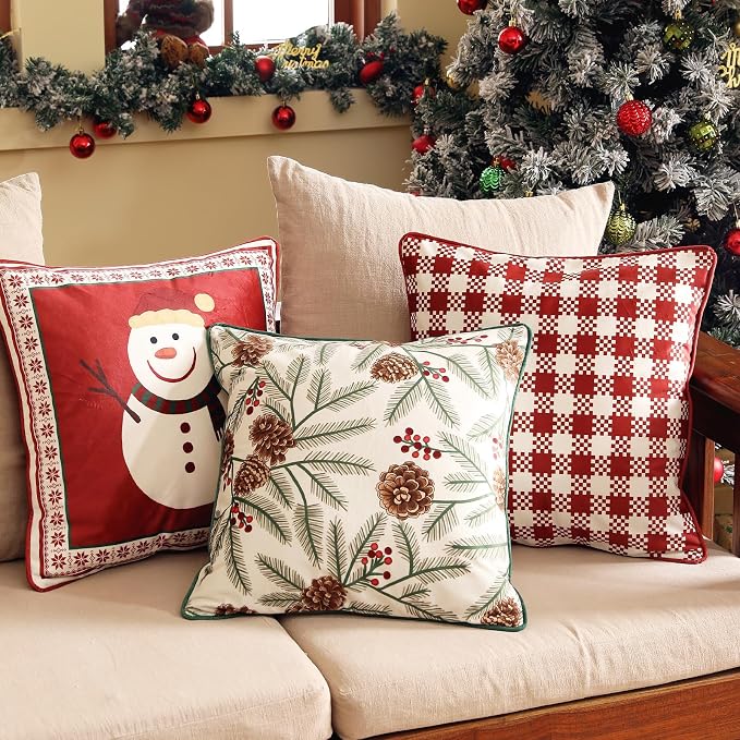 ISAENNE French Chrismas Velvet Throw Pillow Cover,Set of 4-Carol ABCF | Vintage Elegant Pillow Cover,Concealed Zipper Design,Pinecones Pattern,Sofas,Bedroom,Living Room,Lounge Chairs