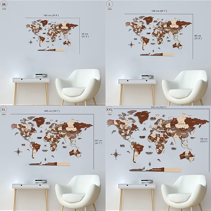 Colorfull Worlds, Multilayer 3D Wooden World Map, Travel Map States and Capitals, Wall Decor For New House, Gift For Travelers, Office Decor, Birthday Present, Living Room Decoration (XL, Light Brown)