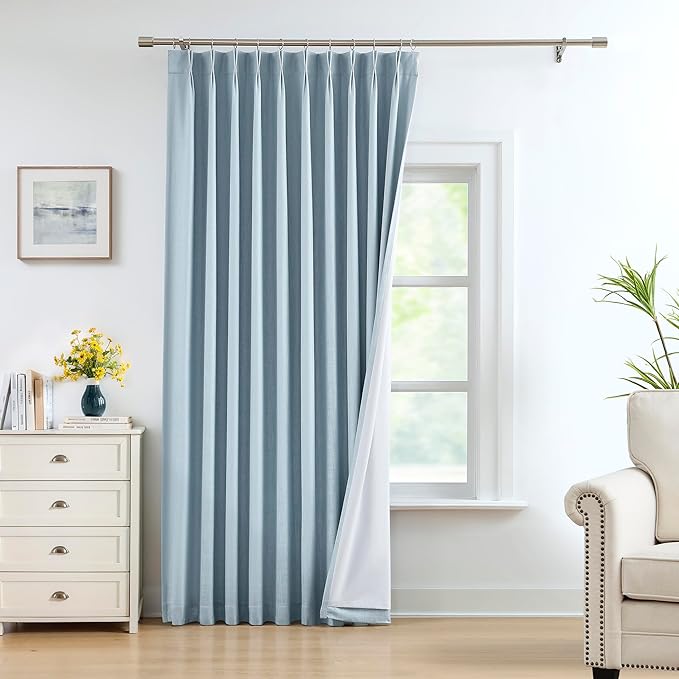 Central Park Dusty Blue Pinch Pleat Full Blackout Curtain Panel 112 Inches Long Thermal Insulated Drapery with Blackout Liner for Farmhouse Bedroom Window Treatment Sets with Hooks, 60"x112"x1