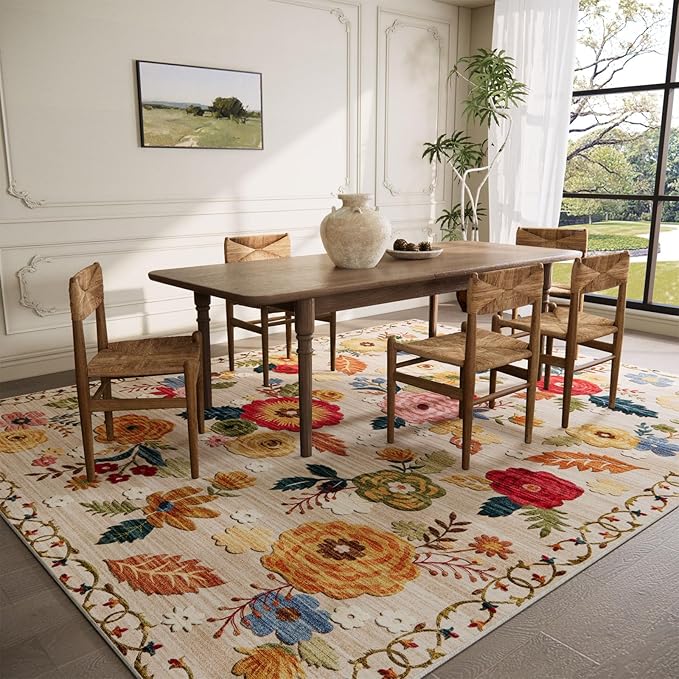 10x14 Area Rugs for Living Room: Large Washable Rug Lightweight Non Slip Low Pile Soft Faux Wool Non Shedding Distressed Vintage Floral Carpet Rugs for Bedroom Dining Room Nursery Farmhouse
