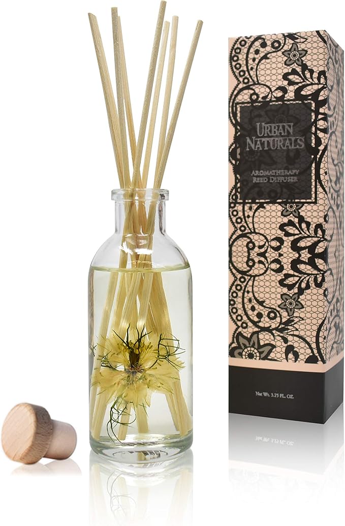 Urban Naturals Reed Diffuser Set, Tobacco Vanilla - Bathroom Shelf Décor | Tobacco leaf, Bergamot, Vetiver, Bourbon and Vanilla Bean Scented Oils, Decorated with Natural Flowers