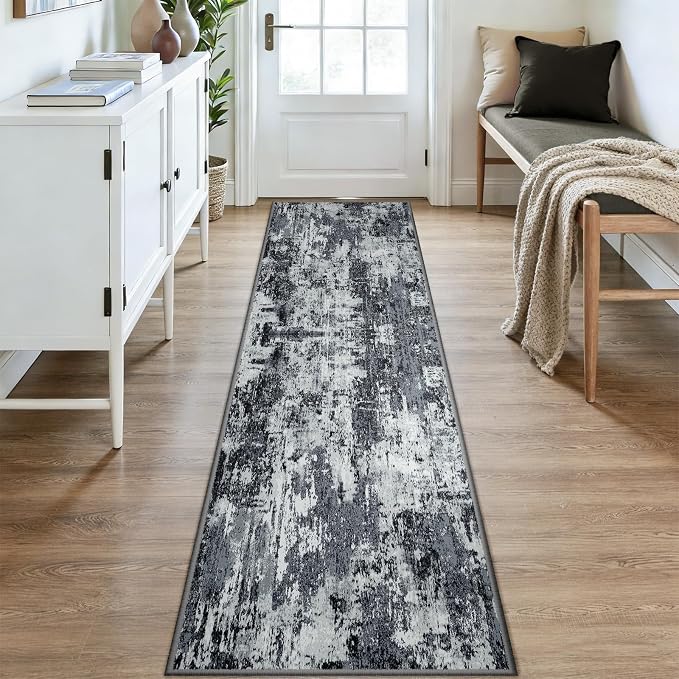 RELEANY Washable Area Rugs 2x9 Non-Slip Modern Abstract Soft for Living Room Entryway Bedroom Kitchen, Print Pattern, Black Navy Blue Gray