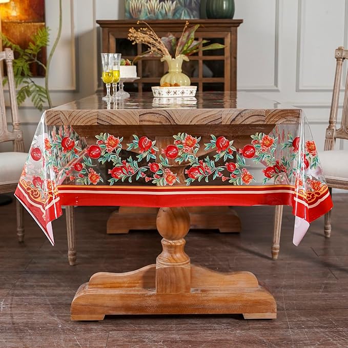 ARTABLE Clear Table Cloth Protector Vinyl PVC Rectangle with Floral Print Pattern Oil Proof Wipe-able Plastic Tablecloths for Dining Tables Parties Holidays (Pomegranate, 84" x 60" (Rectangular))