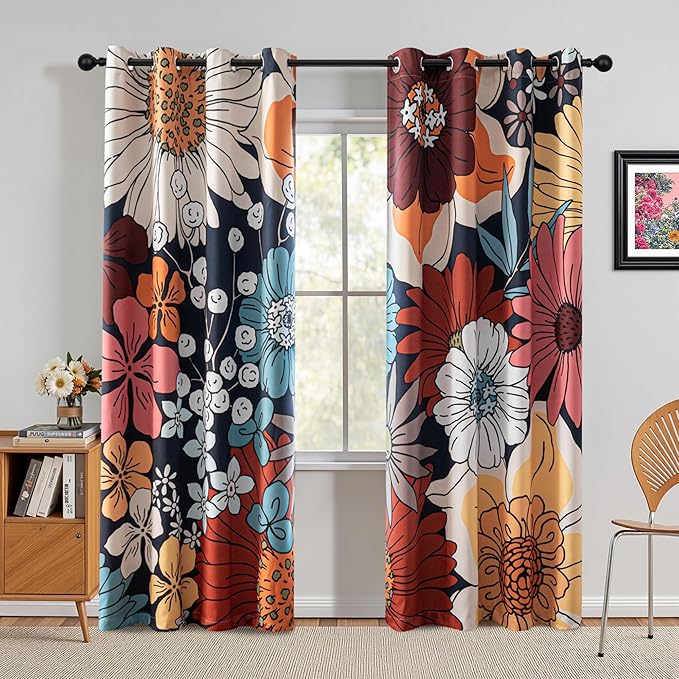 MYSKY HOME Boho Floral Blackout Curtains 95 inch 2 Panels Set for Living Room Dining Room Thermal Insulated Room Darkening Energy Saving with Patterned Flower Design Grommet Drapes, 52" Wide