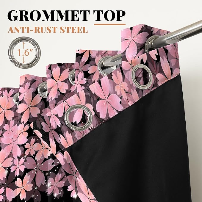 Renaiss Pink Cherry Patels Blackout Curtains, Japanese Cherry Flowers Thermal Insulated Bedroom Window Curtains, Black Floral Bossom Window Drapes for Living Room, 84" L x 42" W 2 Panel Set