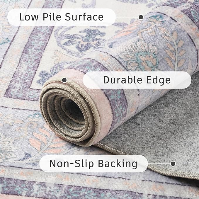 DCX Purple Floral 2x6 Runner Rug, Washable Rug with Flowers Non Slip Backing Hallway Runner Rug Carpet for Entry Office Nursery Soft Low Pile Stain Resistant
