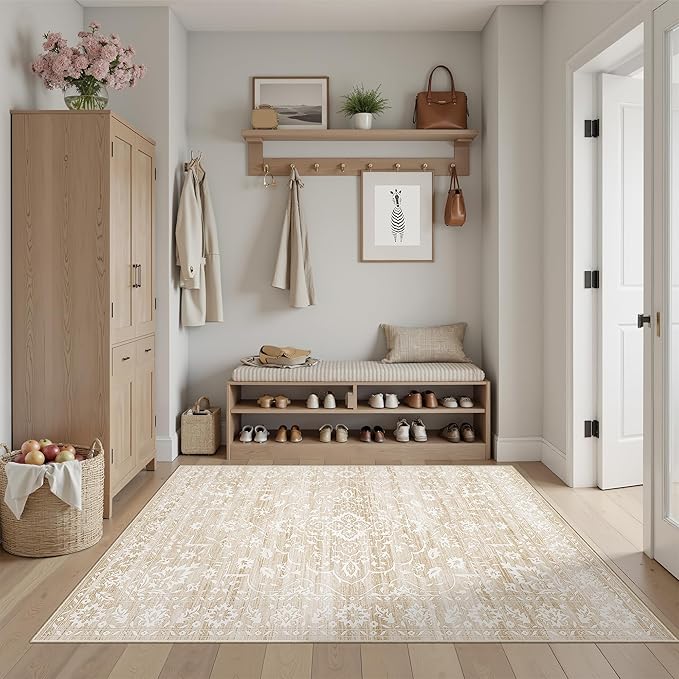 Soalmost Area Rugs 4x6 for Living Room, Washable Neutral Soft Rugs Beige | Floral Vintage Non-Slip Throw Carpet for Dining Room, Entryway, Kitchen, Farmhouse 4'x6'