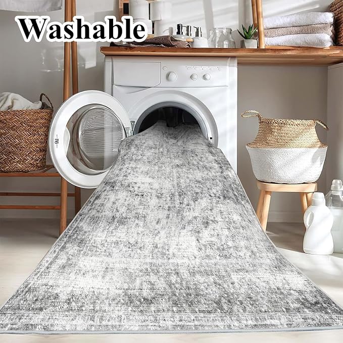 CHAMPLANT Area Rug 8x10 Washable Rug Gray Vintage Traditional Mat Distressed Indoor Foldable Thin Retro Accent Floral Non Slip Carpet Living Room Dining Room Office