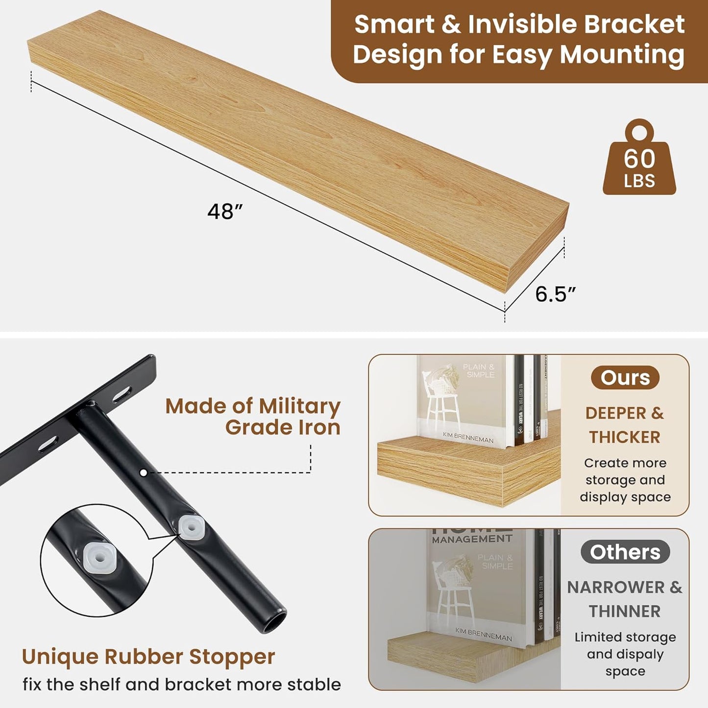 fuqing Floating Shelves for Wall, Bathroom Shelf Wall Mounted for Storage, Shelves with Invisible Bracket for Bedroom, Kitchen, Living Room, Farmhouse Small Book Shelf, 48 Inch Set of 2, Oak