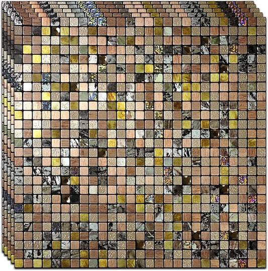 10 Sheets Peel and Stick Backsplash, Waterproof Mosaic Tile Self-Adhesive - Easy Cut to Size for Kitchen, Bathroom, Fireplace DIY Installation (10, Printed Black+Copper)