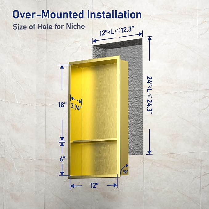 Stainless Steel Shower Niche 12" X 24" Gold with Double Shelves No Tile Needed Niche Shower for Bathroom Storage Recessed Shower Shelf Over Mount Installation