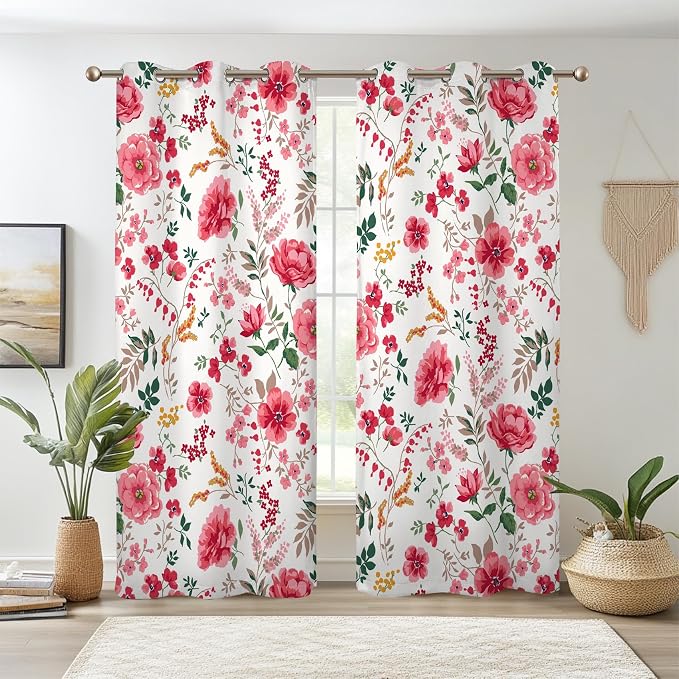 Renaiss Pink Rose Floral Curtains Red Peony Flowers Blackout Window Curtains for Bedroom Thermal Insulated Living Room Window Drapes 29W x 55L Inches 2 Panel Set, Grommet Top