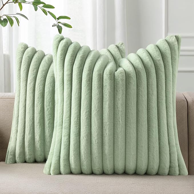 Pallene Faux Fur Plush Throw Pillow Covers 24x24 Set of 2, Luxury Soft Fluffy Striped Decorative Pillow Covers for Sofa, Couch, Living Room, Sage Green