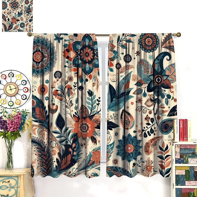 Bohemian Floral Curtains, Vintage Floral Natural Botanical Peris Pattern Window Treatments, Blackout Curtains for Bedroom Living Room72X63 Inch