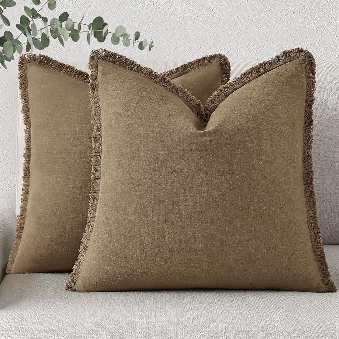 decorUhome Linen Fringe Throw Pillow Covers Set of 2 Decorative Light Brown Pillow Covers with Tassels Soft Accent Boho Farmhouse Pillow Cases for Couch Bed Sofa 18x18 Inch
