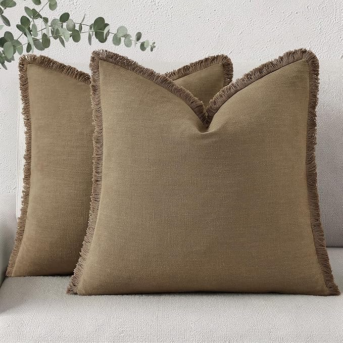 decorUhome Linen Fringe Euro Sham Throw Pillow Covers Set of 2 Decorative Light Brown Pillow Covers with Tassels Soft Accent Boho Farmhouse Pillow Cases for Couch Bed Sofa 26x26 Inch