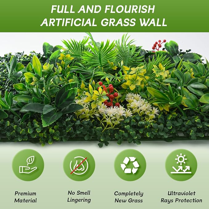 fanado Artificial Grass Wall Panels, 12 Pack 20"x20" UV-Anti Greenery Boxwood Panels, Privacy Green Wall Decor, Plant Hedge Fence Screen for Indoor Home Wedding Decor and Outdoor Backyard