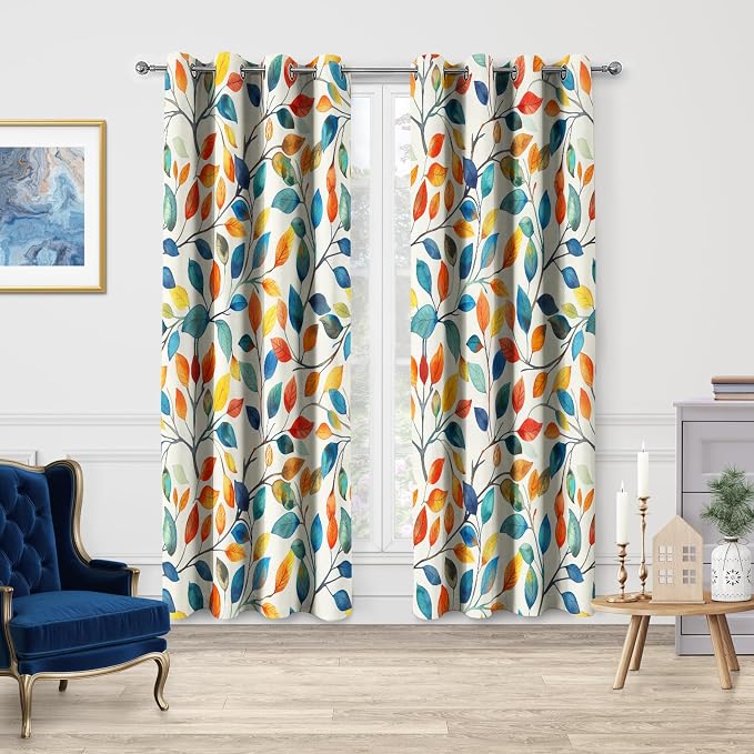 Jekeno Boho Watercolor Leaves Blackout Curtains Bohemian 4 Seasons Colorful Leaf Print Drapes Decor Home Apartment Bedroom Living Room Darkening Grommet Window Treatments 2 Panels Set,42x54 Inch