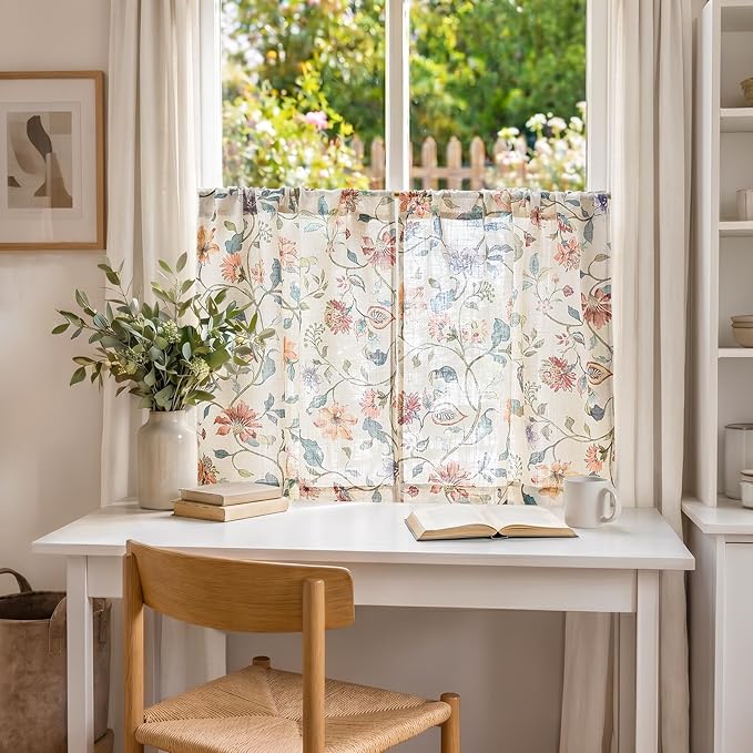 jinchan Hattie Floral Linen Kitchen Curtains 36 Inch Length Vintage Cottage Core Farmhouse Cafe Curtains Light Filtering Small Window Drapes for Living Room Bathroom Rod Pocket 2 Panels Beige