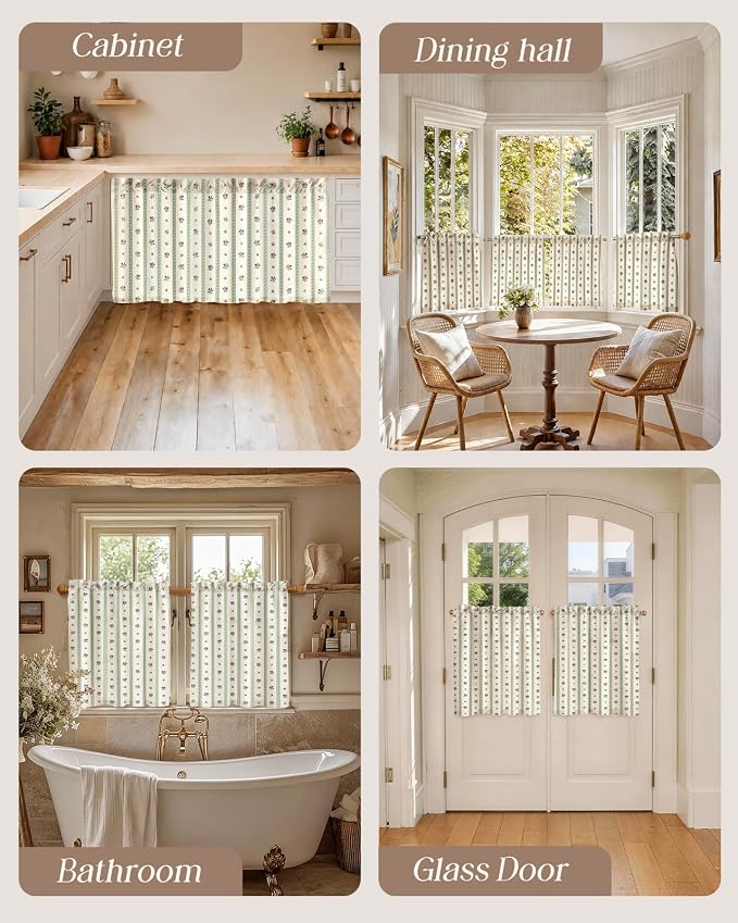 Miss Adola Farmhouse Kitchen Tier Curtains - 24 Inch Length Linen Blend Floral Cafe Curtains Green Stripe Small Window Treatment Over Sink Rod Pocket for Bathroom Living Room Light Filtering, 2 Panels