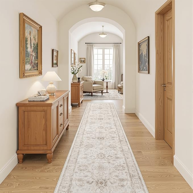 Madane Runner Rug 2x12 for Hallway, Kitchen Non-Slip Runner Rug with Rubber Backing, Vintage Soft Low Pile Throw Neutral Carpet Runner for Laundry Room Entryway Bathroom Bedroom (2 x 12, Brown/Ivory)