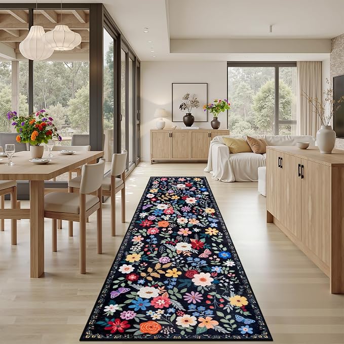 Runner Rug for Entryway: 2.6x10 Kitchen Rugs Non Slip Washable Ultra-Thin Soft Floral Carpet Indoor Floor Stain Resistant Carpets for Hallway Bedroom Kitchen Laundry Bathroom Dorm Black
