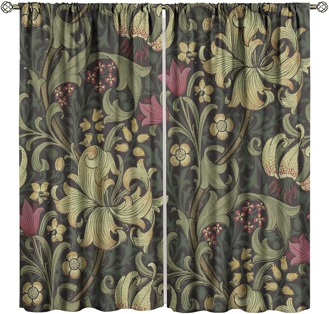 Vintage Flower Blackout Window Curtains, William Morris Style Art Floral Rustic Plant Wildflower Window Drapes, for Living Room Bedroom 21(W)*54(L) 2 Panels