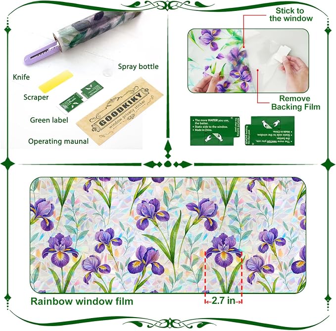 Stained Glass Window Film, Rainbow Privacy, One Way Decorative Tint, Static Cling, Renter Friendly for Home Bathroom Door