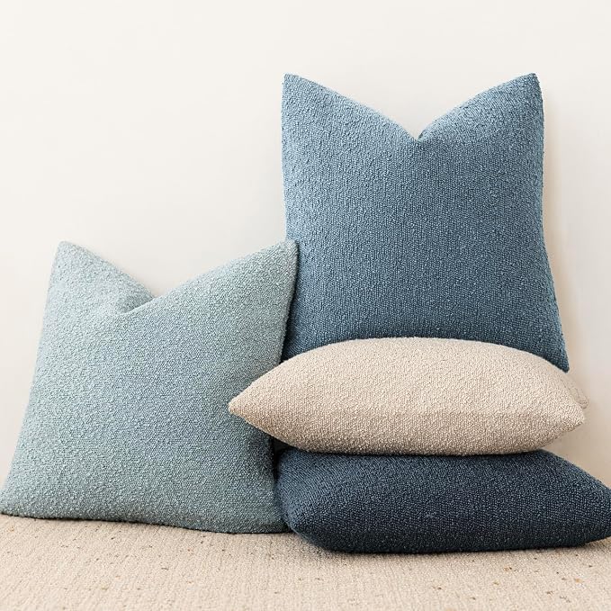 Foindtower Set of 2, Decorative Textured Boucle Throw Pillow Covers Accent Solid Pillow Cases Neutral Cozy Couch Cushion Case for Chair Sofa Bedroom Living Room Home Decor 24x24 Inch Misty Blue