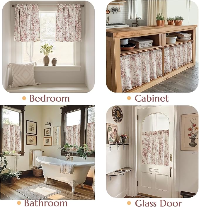 jinchan Floral Linen Tier Curtains Floral Brick Red on Beige Cafe Curtains 24 Inch Length Kitchen Living Room Bedroom Bathroom Farmhouse Rustic Country Rod Pocket 2 Panels