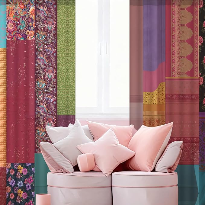 Oudain 2 Pairs Indian Old Silk Blend Sari Curtains 82 x 82 Inches Indian Imitation Patchwork Curtains Vintage Silk Blend Sari Multi Color Handmade Drapes Home Livingroom Bedroom Decor Curtain Panels