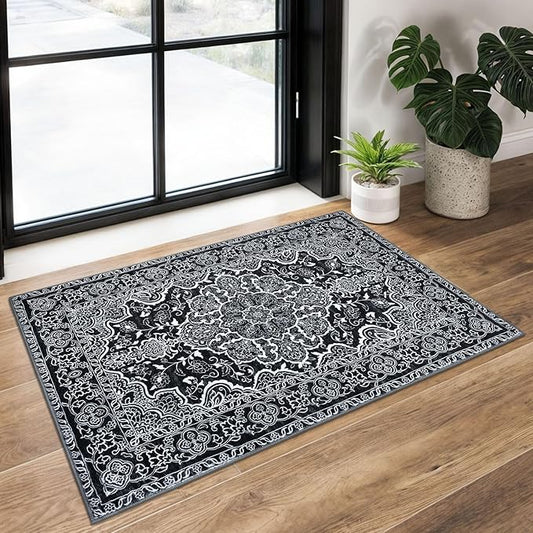 KUTA Oriental Medallion Small Area Rug 2x3 Black Washable Non-Slip Entryway Rugs Soft Printed Retro Vintage Floral Accent Rug for Farmhouse Kitchen Throw Doormat for Entrance