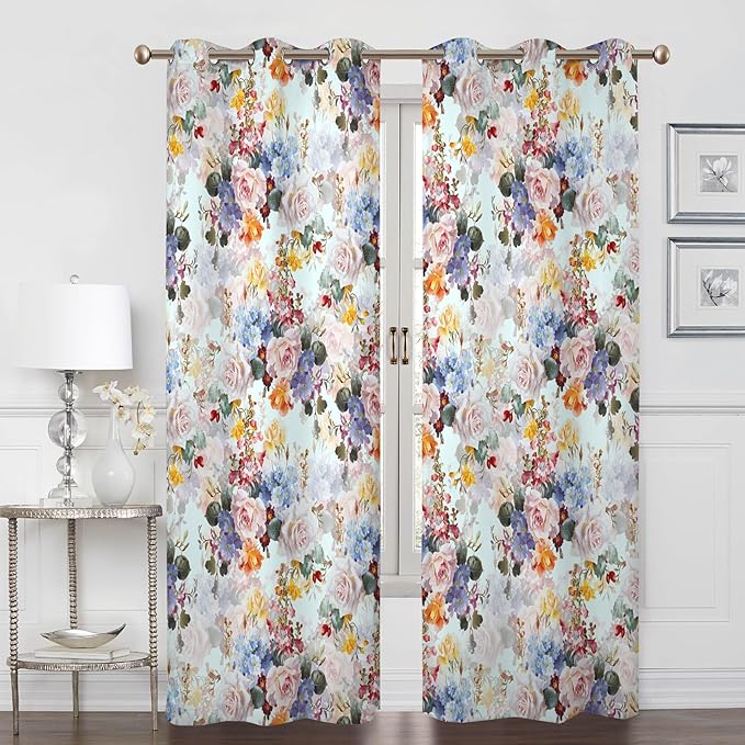 Renaiss Rustic Flower Window Curtains Watercolor Florals Painted for Living Room Decor Thermal Insulated Blackout Curtains for Bedroom Window Treatment & Drapes Grommet 42W x 84L Inch 2 Panel Set