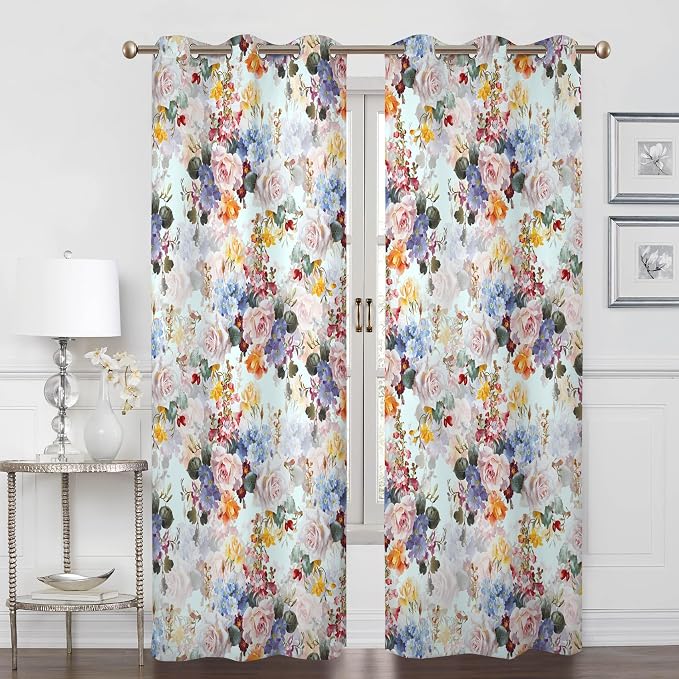 Renaiss Flower Blossom Curtains Watercolor Floral Painting Thermal Insulated Window Curtains for Living Room Bedroom Blackout Window Drapes Grommet Top 42W x 96L Inch 2 Panel Set