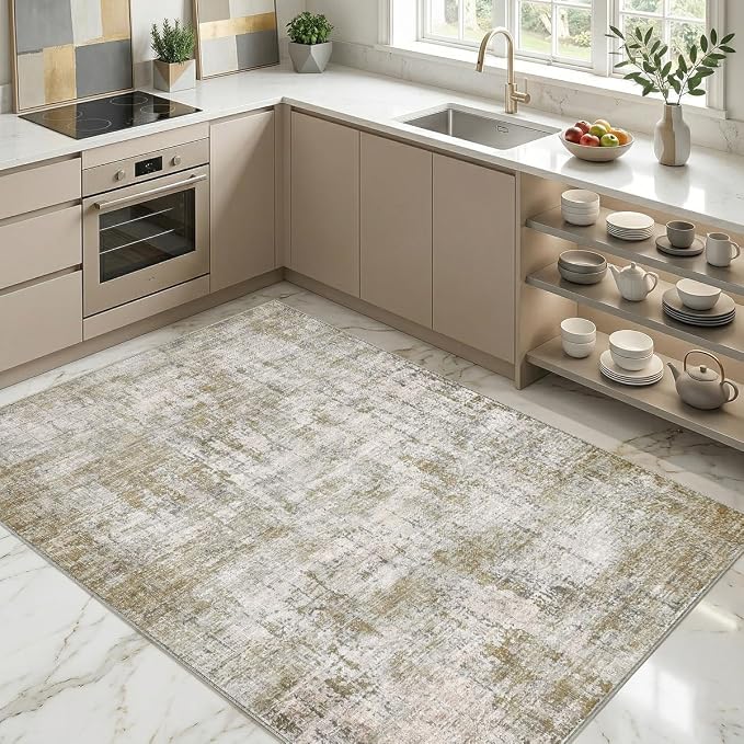 4x6 Area Rugs Washable Living Room Rug-No Slip Soft Carpets Modern Abstract Indoor Floor Stain Resistant Carpet for Bedroom Dining Room Farmhouse Nursery Home Office Tan