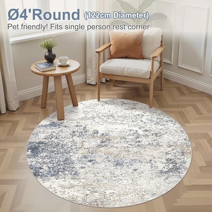 DMOYEST 4ft Round Area Rug Living Room Rugs - 4x4 Washable Large Soft Indoor Neutral Modern Abstract Low Pile Rug Carpet for Bedroom Dining Room Farmhouse Home Office - Beige Blue