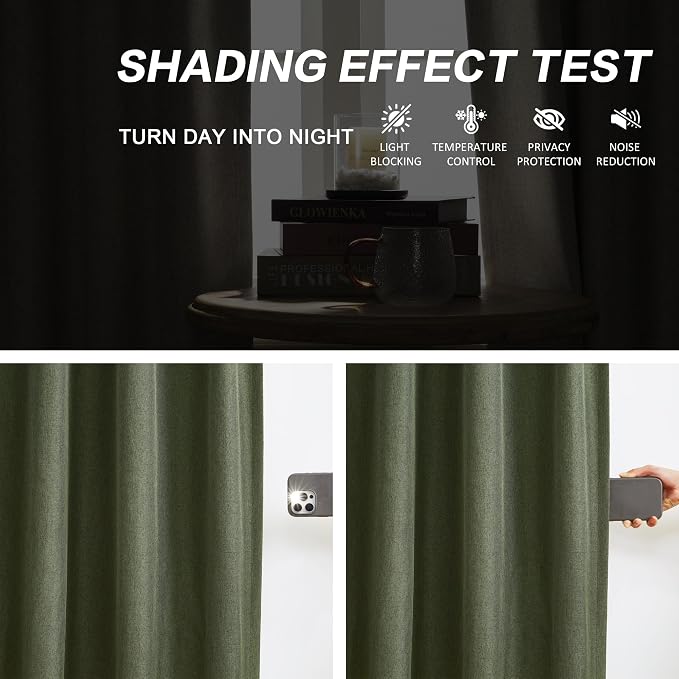 DUALIFE Olive Green Pinch Pleated Curtains 63 Inches Long Burg,Back Tab with Hooks, Cooling Heat Reflective Linen Drapes for Bedroom Track System(Olive,2 Panels W40 xL63)